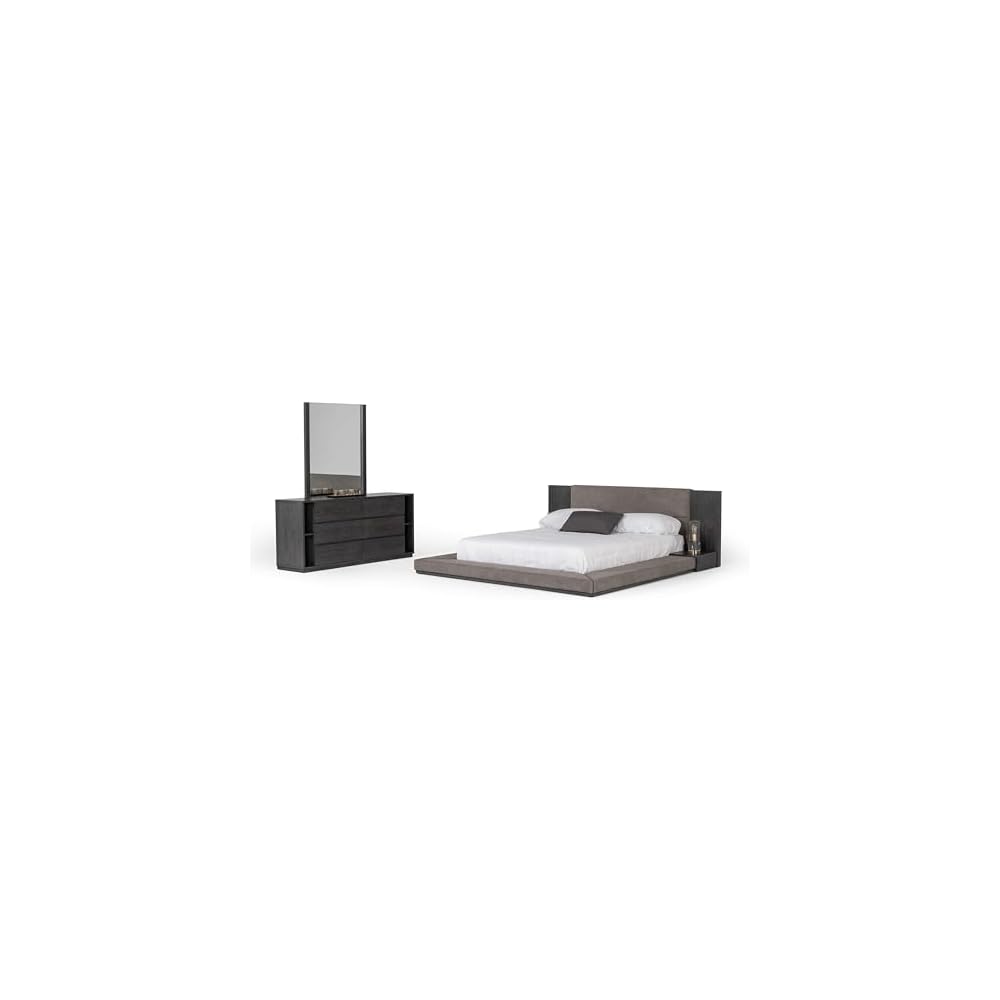 Pemberly Row Eastern King Platform Bed, 102x96 in, Polyester Upholstered, Gray Wash Veneer Finish, Built-in Nightstands, Slatted Frame, Modern Bedroom Furniture