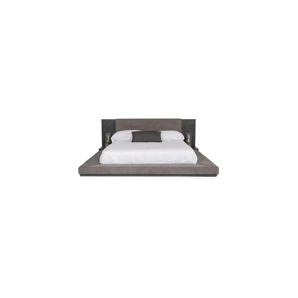Pemberly Row Eastern King Platform Bed, 102x96 in, Polyester Upholstered, Gray Wash Veneer Finish, Built-in Nightstands, Slatted Frame, Modern Bedroom Furniture