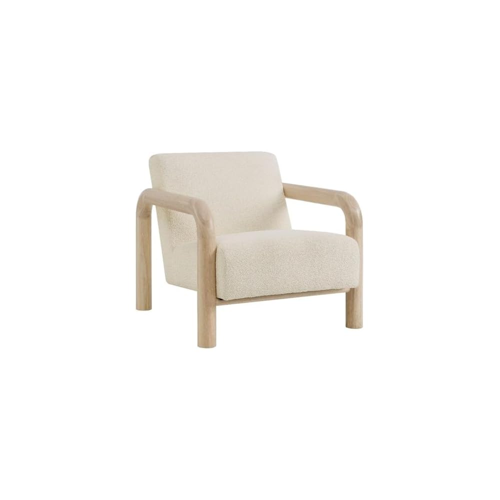Modway Sereno Modern Boucle Fabric Accent Chair in Cream Black with Rounded Wood Armrests – Upholstered Lounge Chair for Living Room or Bedroom