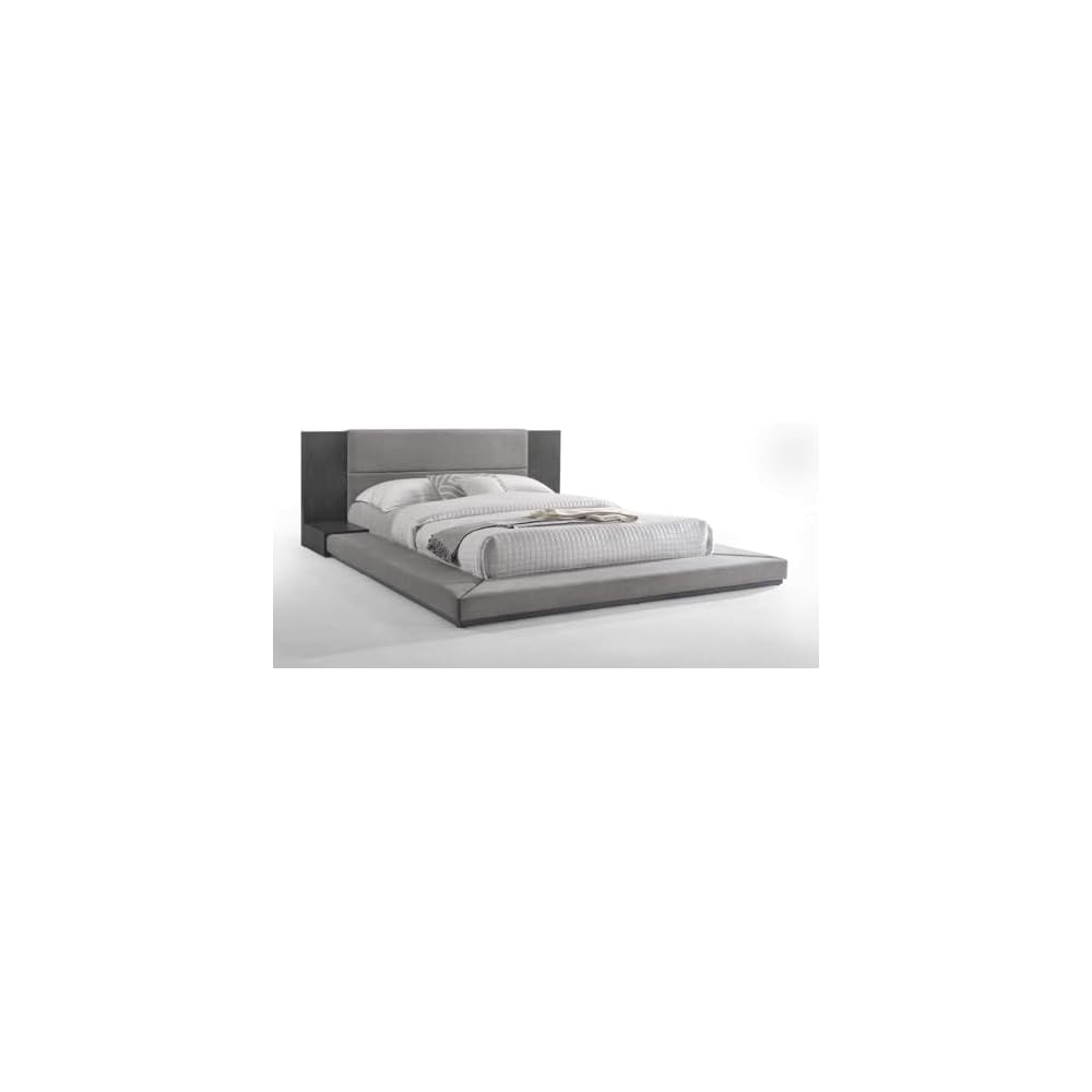 Pemberly Row Eastern King Platform Bed, 102x96 in, Polyester Upholstered, Gray Wash Veneer Finish, Built-in Nightstands, Slatted Frame, Modern Bedroom Furniture