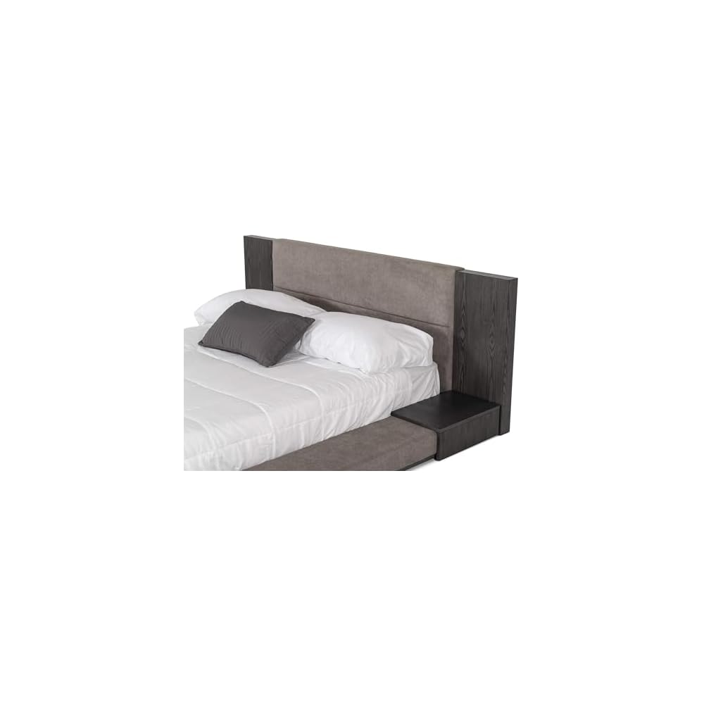 Pemberly Row Eastern King Platform Bed, 102x96 in, Polyester Upholstered, Gray Wash Veneer Finish, Built-in Nightstands, Slatted Frame, Modern Bedroom Furniture