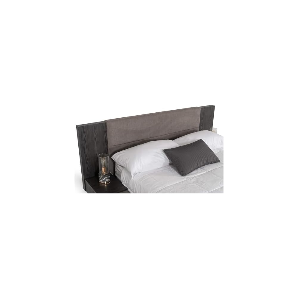 Pemberly Row Eastern King Platform Bed, 102x96 in, Polyester Upholstered, Gray Wash Veneer Finish, Built-in Nightstands, Slatted Frame, Modern Bedroom Furniture