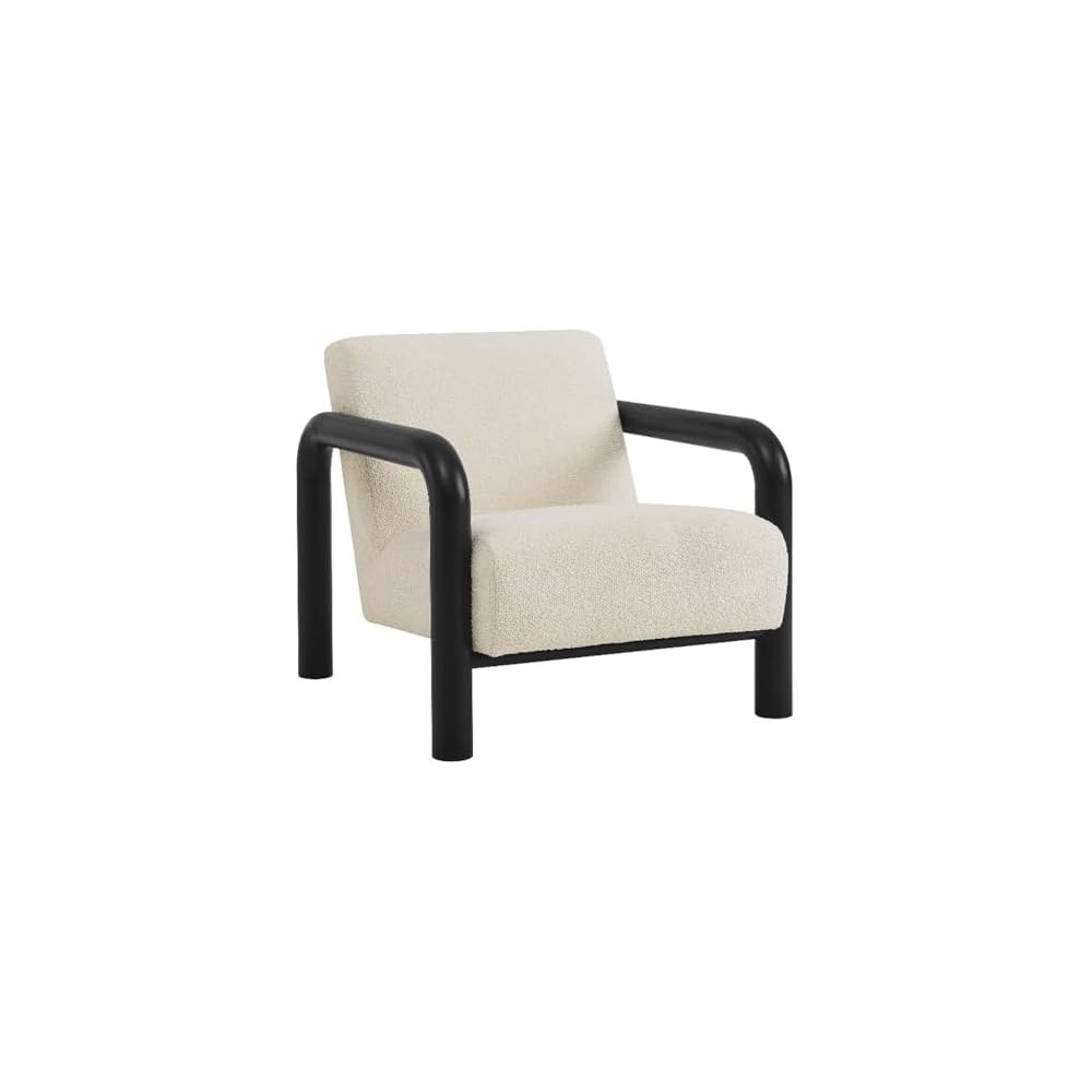 Modway Sereno Modern Boucle Fabric Accent Chair in Cream Black with Rounded Wood Armrests – Upholstered Lounge Chair for Living Room or Bedroom