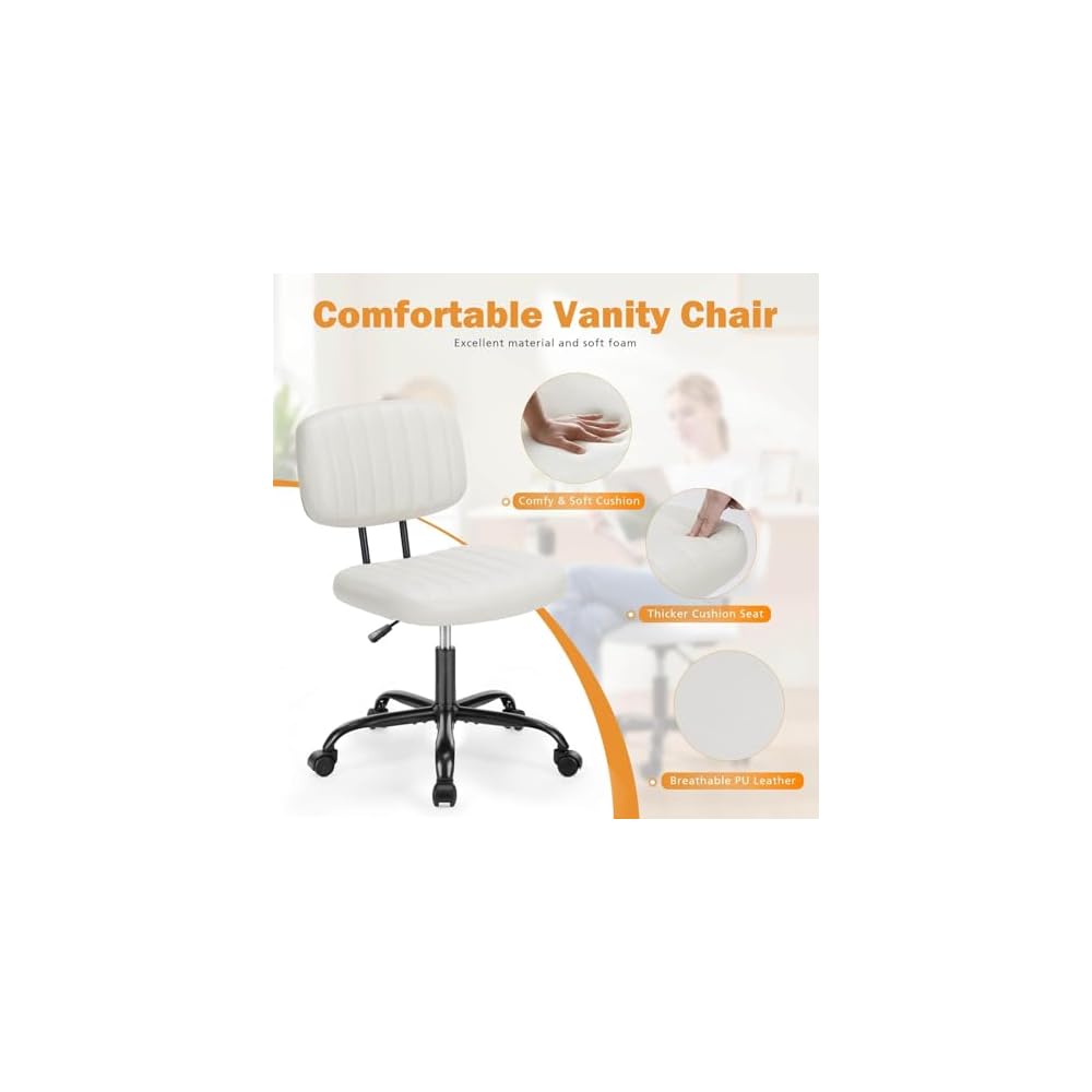 Elevon Small Office Computer Desk Chair with Wheels and Lumbar Support, Comfy Cute Armlees PU Leather Vanity Rolling Swuvel Task Chair No Arm for Adult, Student