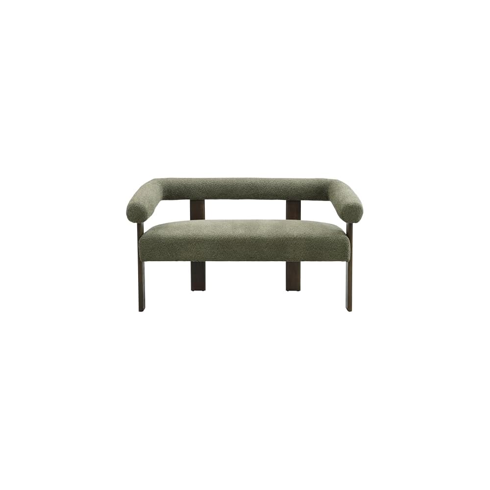 Merax 53.25" Round Armrest Loveseat with Boucle Fabric & Solid Rubberwood Frame, Curved 2-Seater Accent Sofa for Small Apartment, Living Room, Green+Brown