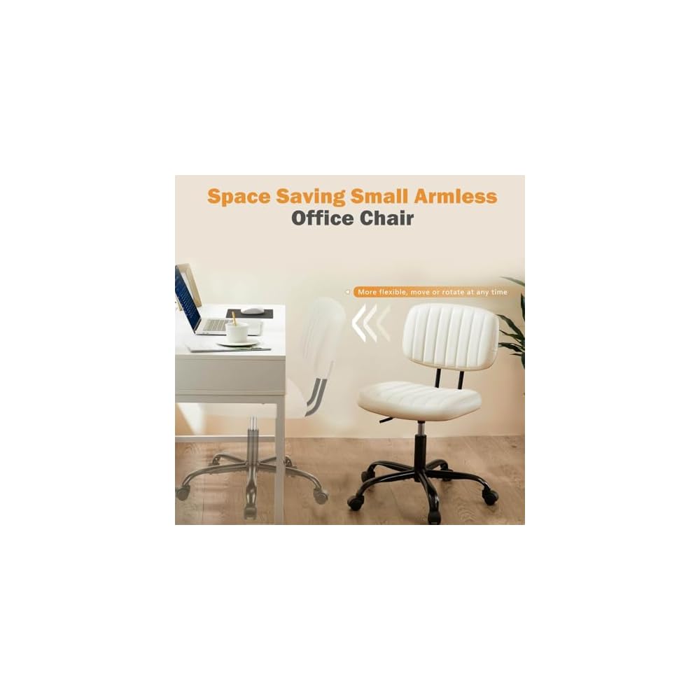 Elevon Small Office Computer Desk Chair with Wheels and Lumbar Support, Comfy Cute Armlees PU Leather Vanity Rolling Swuvel Task Chair No Arm for Adult, Student