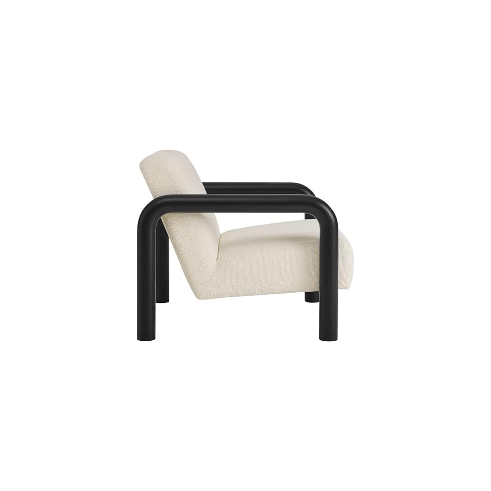 Modway Sereno Modern Boucle Fabric Accent Chair in Cream Black with Rounded Wood Armrests – Upholstered Lounge Chair for Living Room or Bedroom