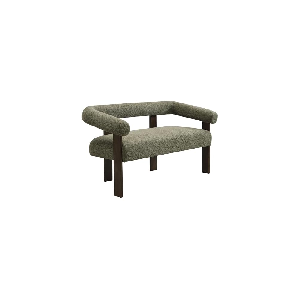 Merax 53.25" Round Armrest Loveseat with Boucle Fabric & Solid Rubberwood Frame, Curved 2-Seater Accent Sofa for Small Apartment, Living Room, Green+Brown