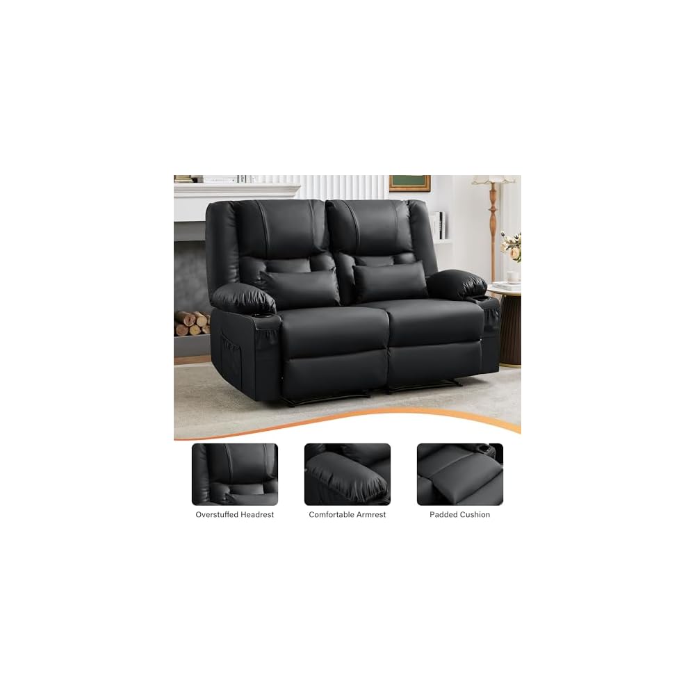 HRVEOCEI Black Leather Loveseat Recliner with Massage/Heat, Recliner Couch