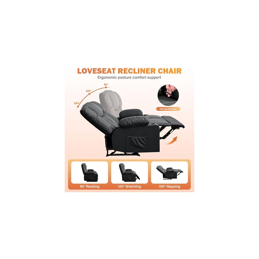 HRVEOCEI Black Leather Loveseat Recliner with Massage/Heat, Recliner Couch