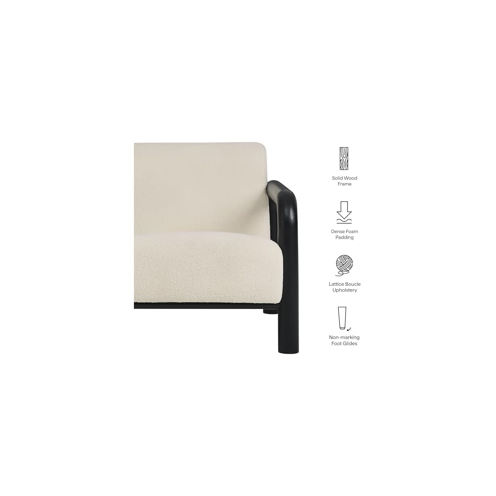 Modway Sereno Modern Boucle Fabric Accent Chair in Cream Black with Rounded Wood Armrests – Upholstered Lounge Chair for Living Room or Bedroom