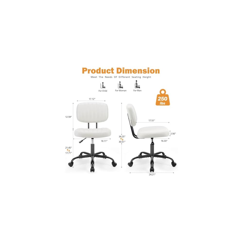 Elevon Small Office Computer Desk Chair with Wheels and Lumbar Support, Comfy Cute Armlees PU Leather Vanity Rolling Swuvel Task Chair No Arm for Adult, Student