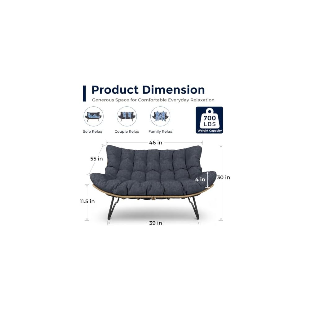SWITTE Outdoor Patio Loveseat, Double Papasan Chair with Cushion, Charcoal