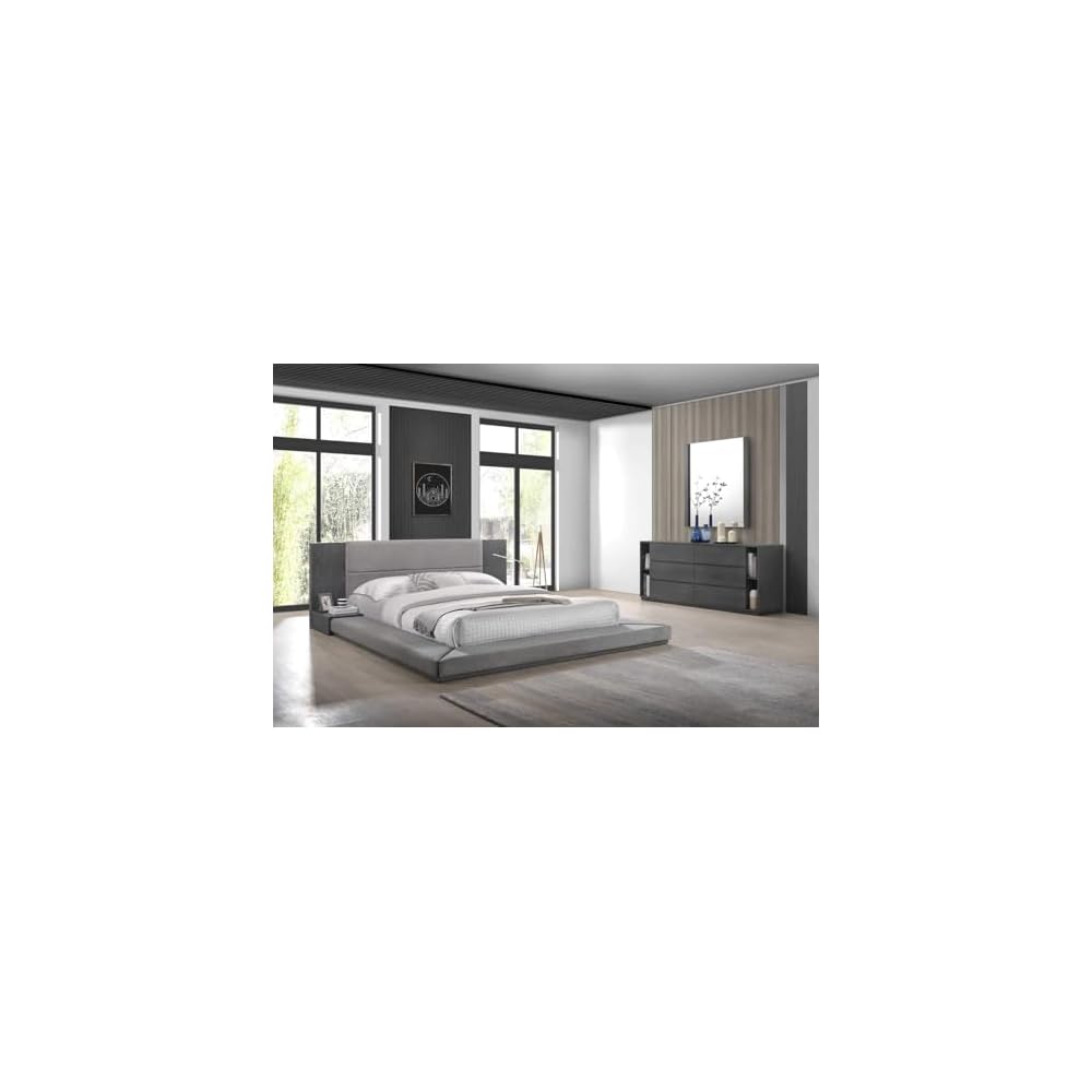 Pemberly Row Eastern King Platform Bed, 102x96 in, Polyester Upholstered, Gray Wash Veneer Finish, Built-in Nightstands, Slatted Frame, Modern Bedroom Furniture