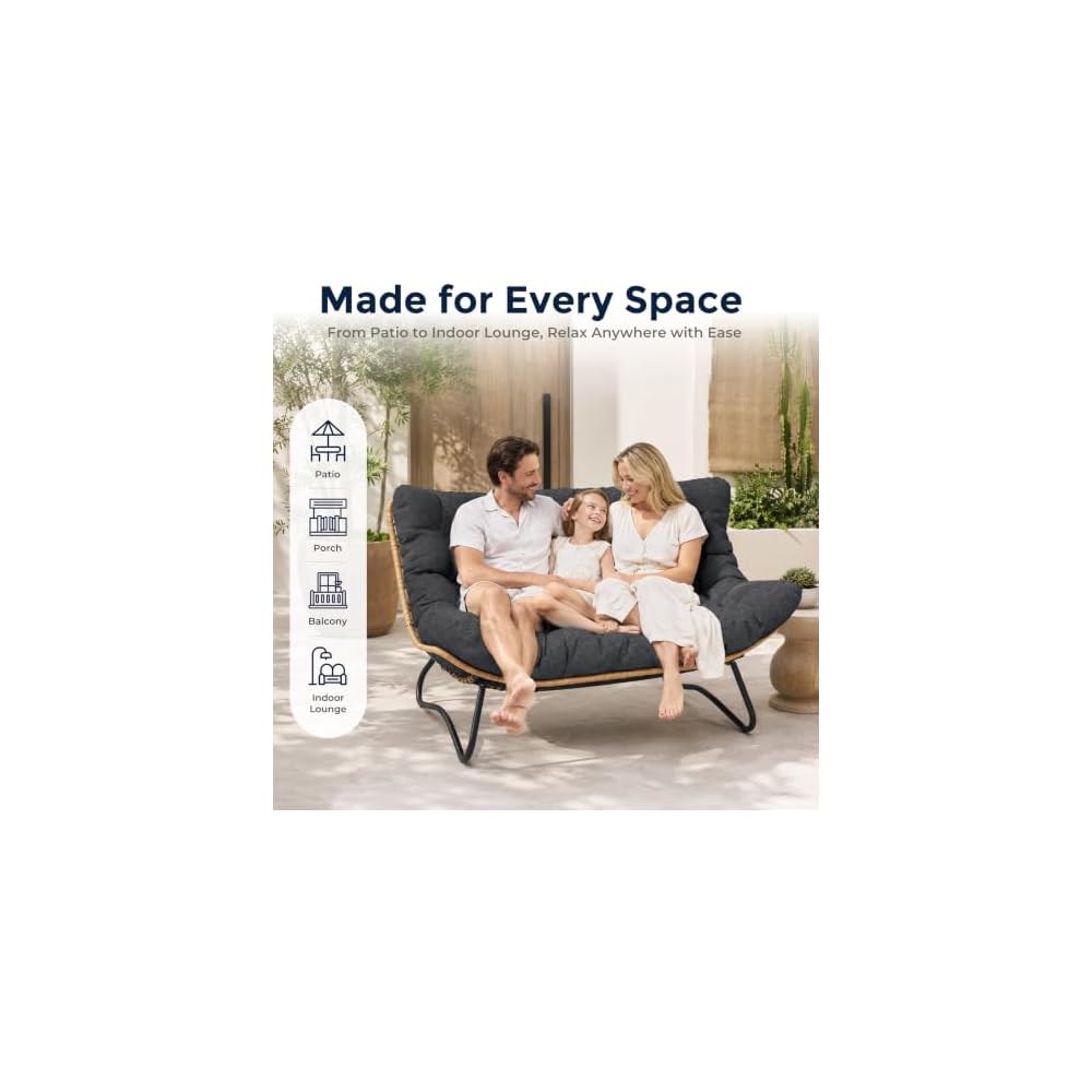 SWITTE Outdoor Patio Loveseat, Double Papasan Chair with Cushion, Charcoal
