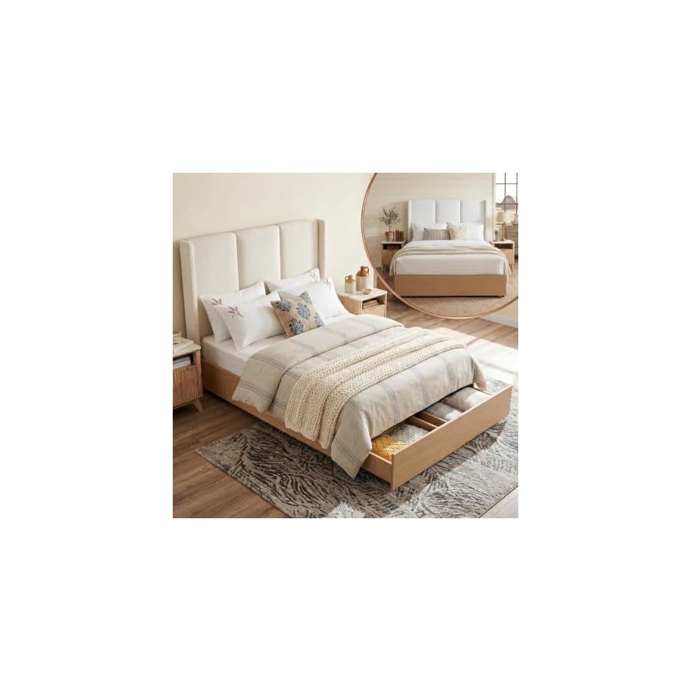 Queen Upholstered Storage Platform Bed, Vertical Channel Tufted Headboard