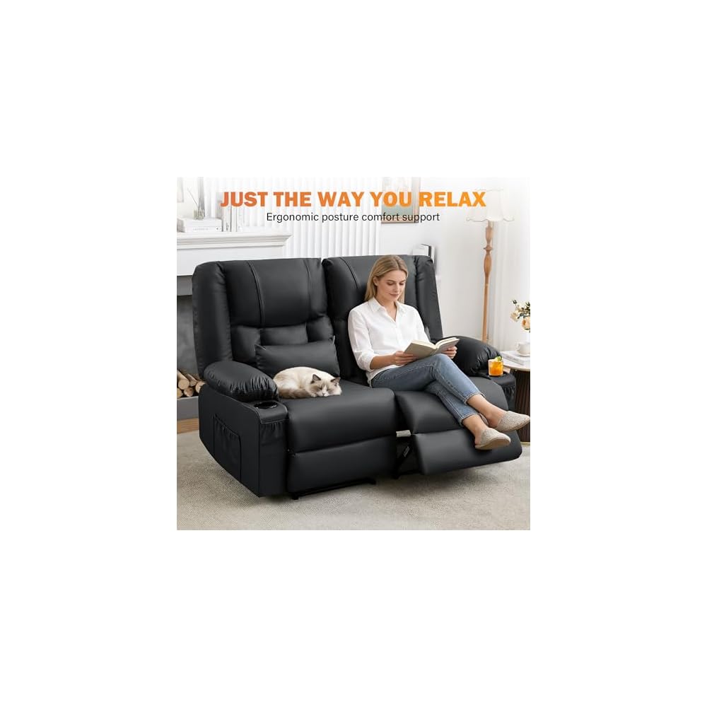 HRVEOCEI Black Leather Loveseat Recliner with Massage/Heat, Recliner Couch