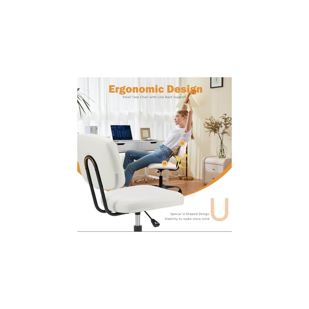 Elevon Small Office Computer Desk Chair with Wheels and Lumbar Support, Comfy Cute Armlees PU Leather Vanity Rolling Swuvel Task Chair No Arm for Adult, Student