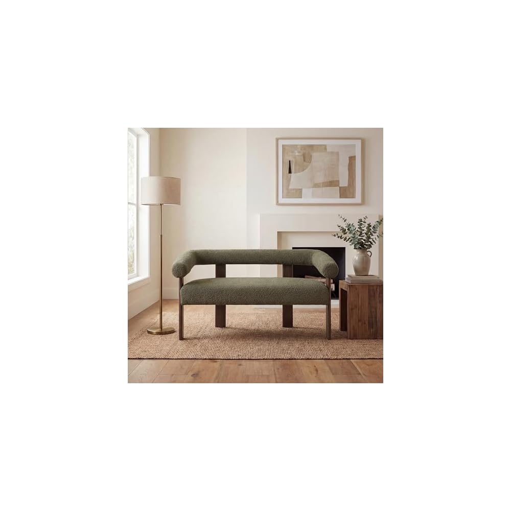 Merax 53.25" Round Armrest Loveseat with Boucle Fabric & Solid Rubberwood Frame, Curved 2-Seater Accent Sofa for Small Apartment, Living Room, Green+Brown