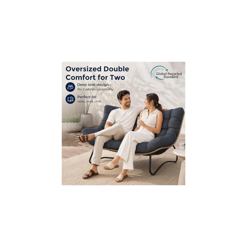 SWITTE Outdoor Patio Loveseat, Double Papasan Chair with Cushion, Charcoal