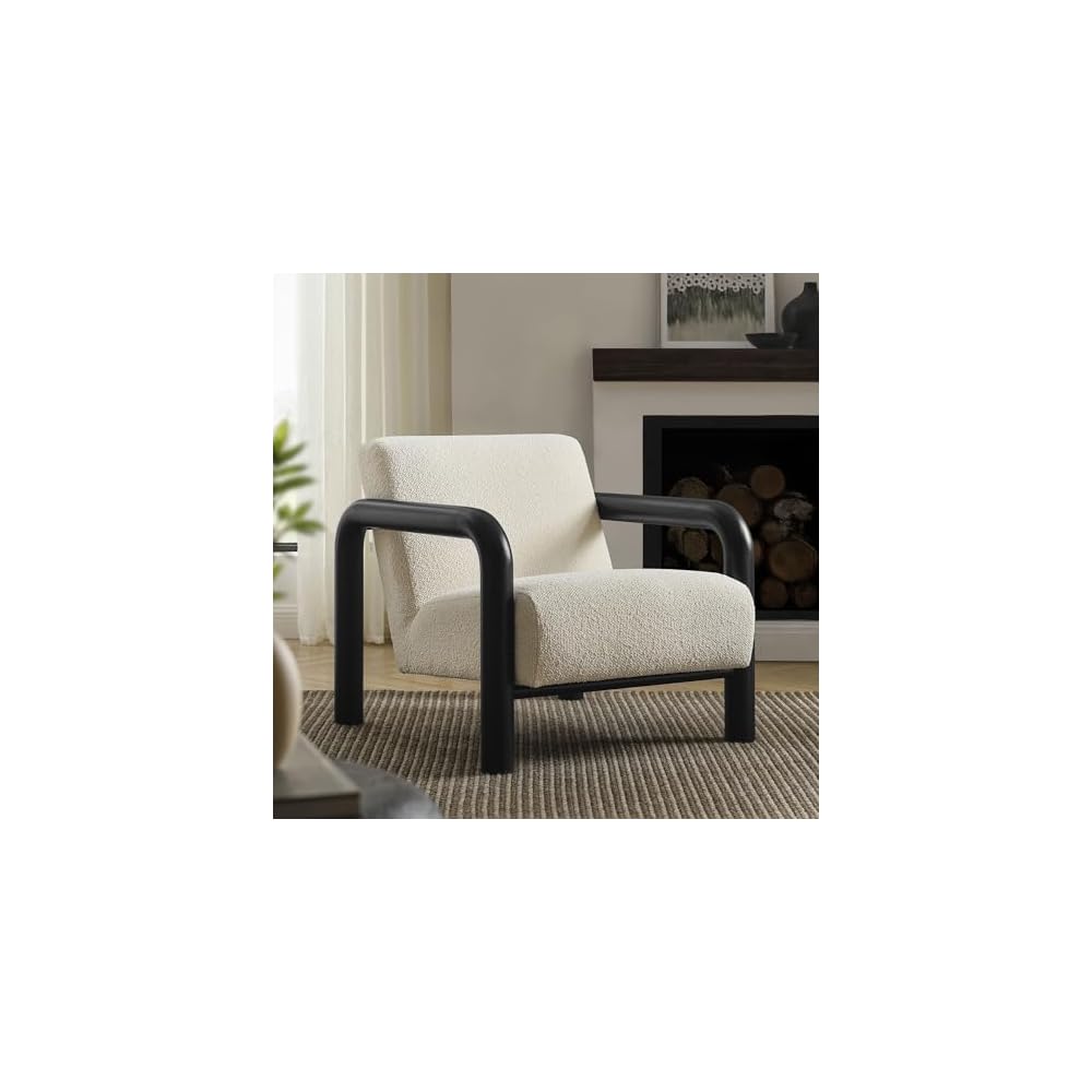 Modway Sereno Modern Boucle Fabric Accent Chair in Cream Black with Rounded Wood Armrests – Upholstered Lounge Chair for Living Room or Bedroom