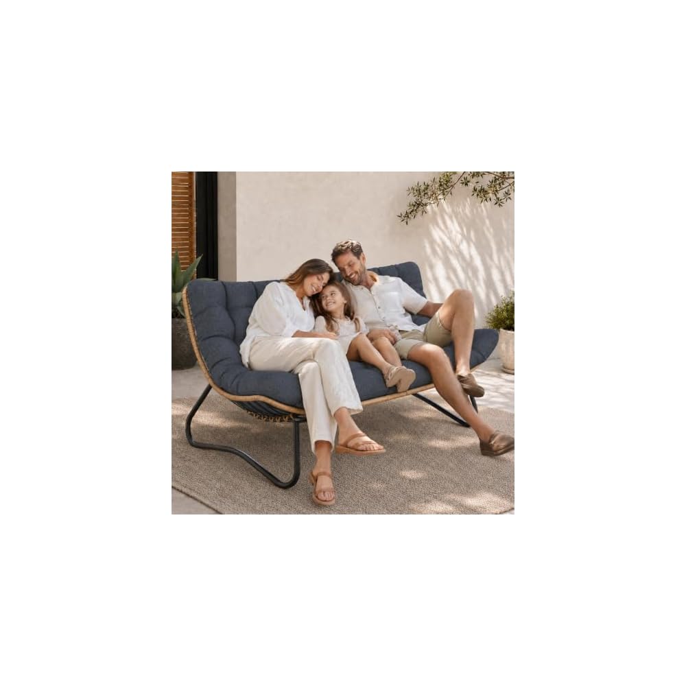 SWITTE Outdoor Patio Loveseat, Double Papasan Chair with Cushion, Charcoal