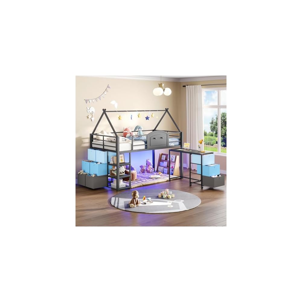 VIAGDO Twin Loft Bed with Desk and Storage for Kids, Metal Low Loft Bed Twin with 9 Drawers, 3-Tier Shelves, Led Lights, Safety Guardrail, No Box Spring Needed,Grey