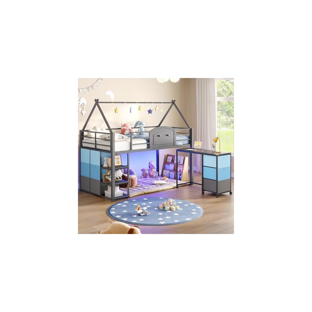 VIAGDO Twin Loft Bed with Desk and Storage for Kids, Metal Low Loft Bed Twin with 9 Drawers, 3-Tier Shelves, Led Lights, Safety Guardrail, No Box Spring Needed,Grey
