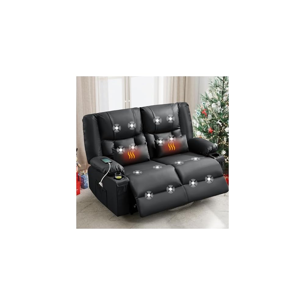 HRVEOCEI Black Leather Loveseat Recliner with Massage/Heat, Recliner Couch