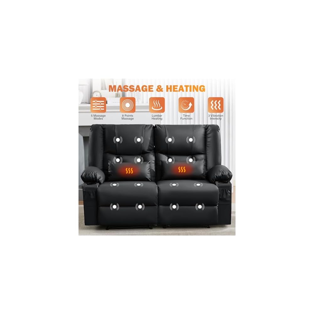 HRVEOCEI Black Leather Loveseat Recliner with Massage/Heat, Recliner Couch