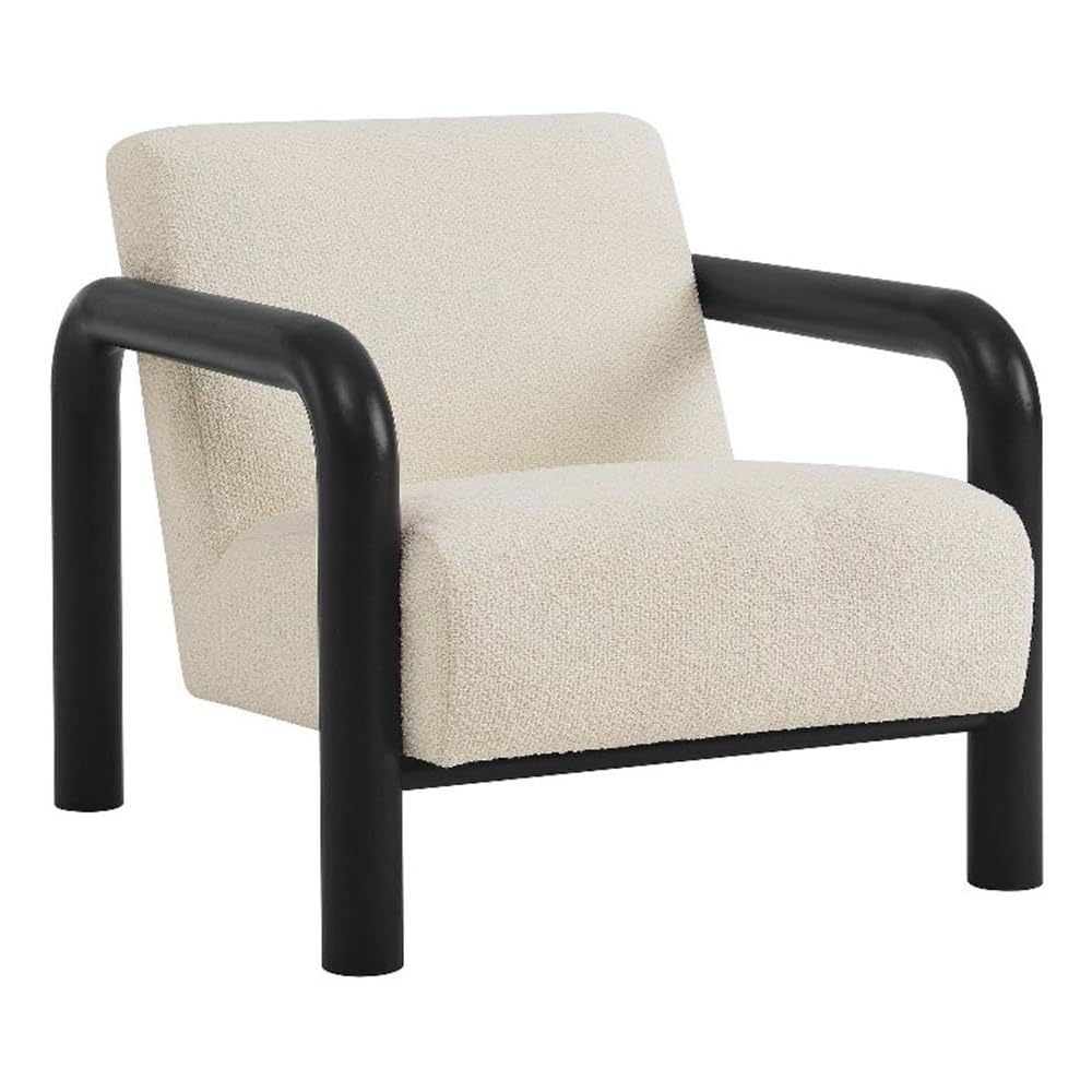 Modway Sereno Modern Boucle Fabric Accent Chair in Cream Black with Rounded Wood Armrests – Upholstered Lounge Chair for Living Room or Bedroom
