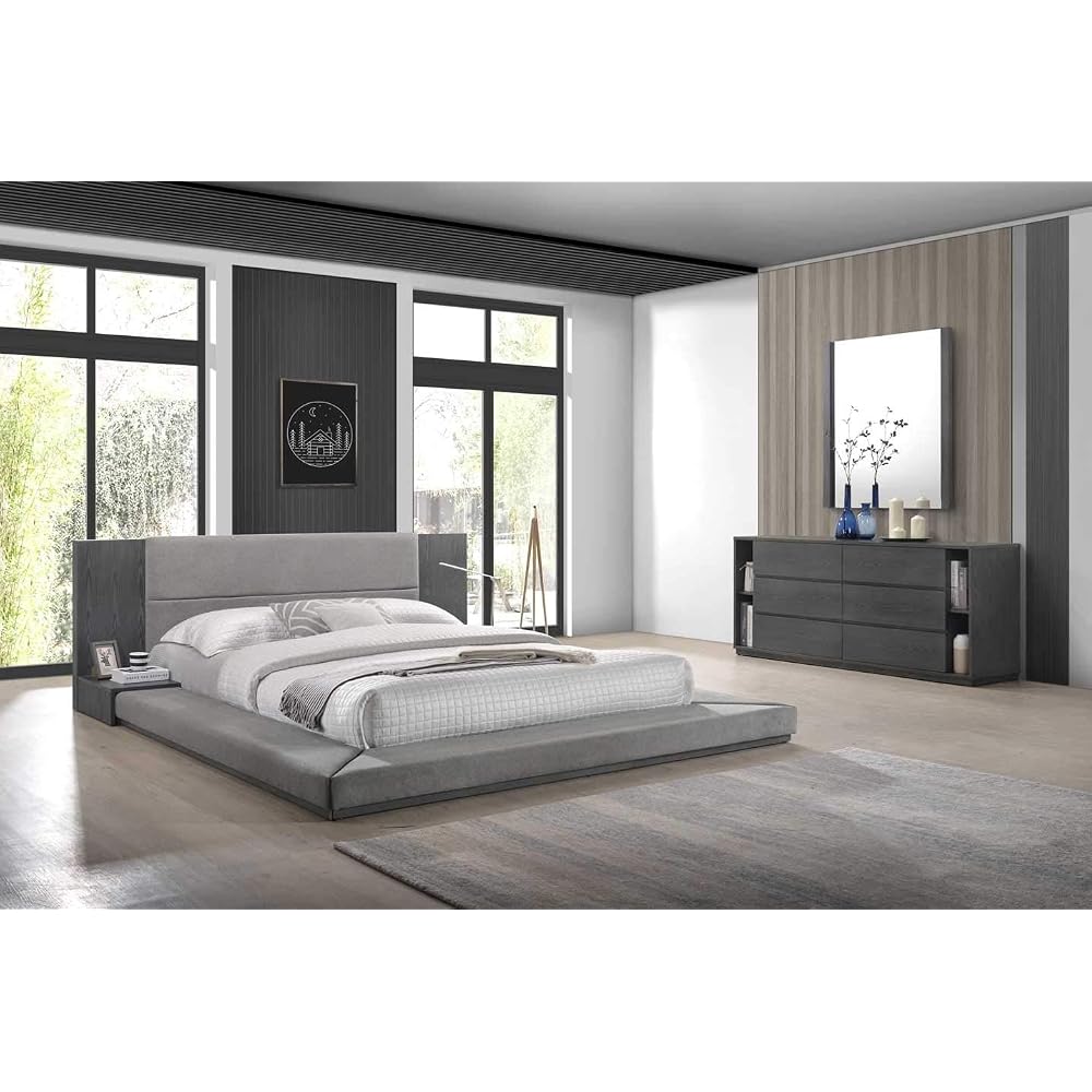 Pemberly Row Eastern King Platform Bed, 102x96 in, Polyester Upholstered, Gray Wash Veneer Finish, Built-in Nightstands, Slatted Frame, Modern Bedroom Furniture