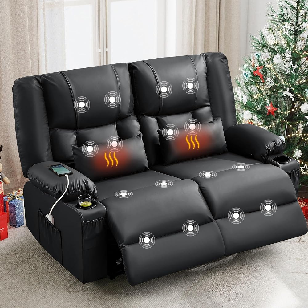 HRVEOCEI Black Leather Loveseat Recliner with Massage/Heat, Recliner Couch