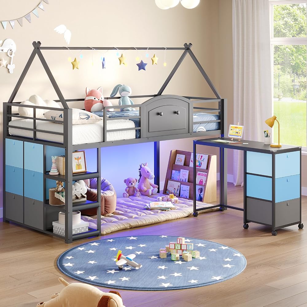 VIAGDO Twin Loft Bed with Desk and Storage for Kids, Metal Low Loft Bed Twin with 9 Drawers, 3-Tier Shelves, Led Lights, Safety Guardrail, No Box Spring Needed,Grey