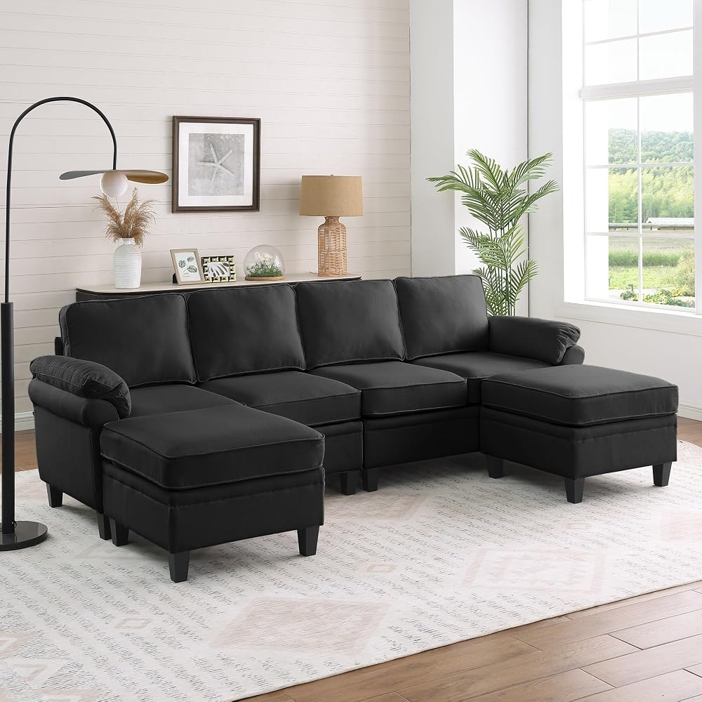 102'' Chenille Modular U Shaped Sectional Sofa DIY Combination 6 Seater Couch with Removable Seat Cushion and Storage Ottomans for Living Room/Apartment