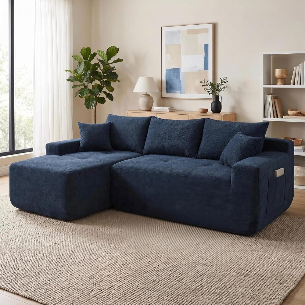 Skepphlay 85" L Shaped Sectional Sofa, Cotton Linen Boneless Couch