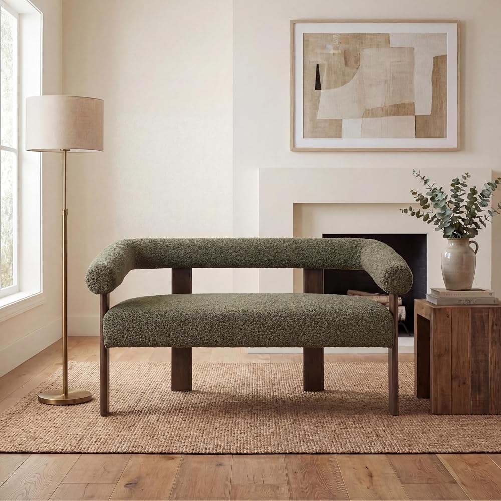 Merax 53.25" Round Armrest Loveseat with Boucle Fabric & Solid Rubberwood Frame, Curved 2-Seater Accent Sofa for Small Apartment, Living Room, Green+Brown